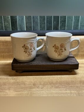 Cordella Vintage Cream Stoneware Mugs with Brown Floral Accent - Pair